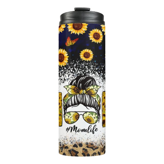Sonnenblumen Cheetah Print Messy Bun Mama Life Thermosbecher (Vorderseite)