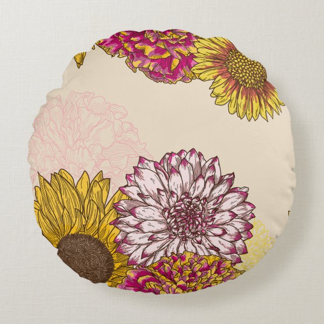 Sonnenblumen, Chrysanthemen, Blumensträuße Rundes Kissen (Vorderseite)