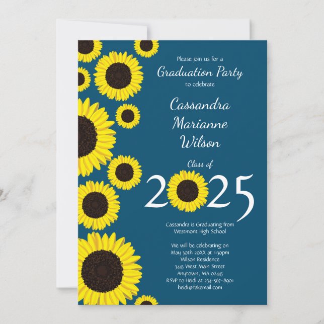 Sonnenblumen Country Graduation Party Blau Einladung (Vorderseite)