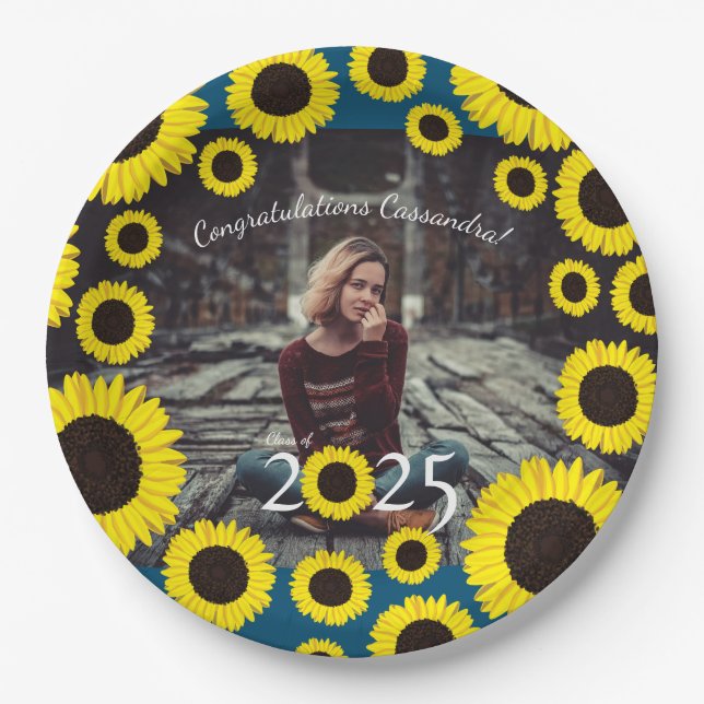 Sonnenblumen Country Graduation Party Blau Pappteller (Vorderseite)