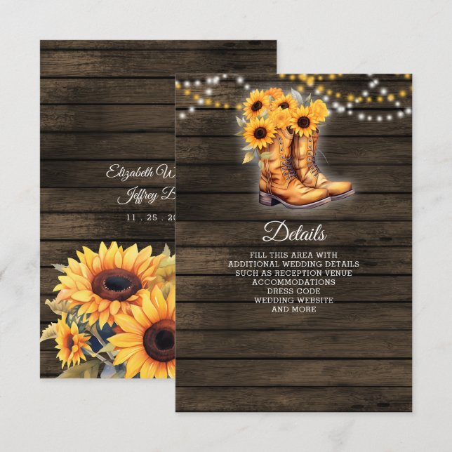 Sonnenblumen Cowboy Boots Barn Wood Western Hochze Begleitkarte (Vorne/Hinten)