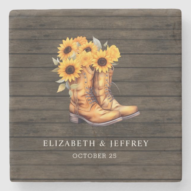 Sonnenblumen Cowboy Boots Barn Wood Western Hochze Steinuntersetzer (Vorderseite)