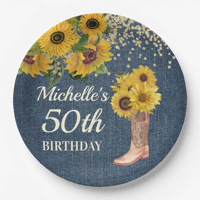 Sonnenblumen Cowboy Boots Blue Denim 50. Geburtsta Pappteller (Vorderseite)