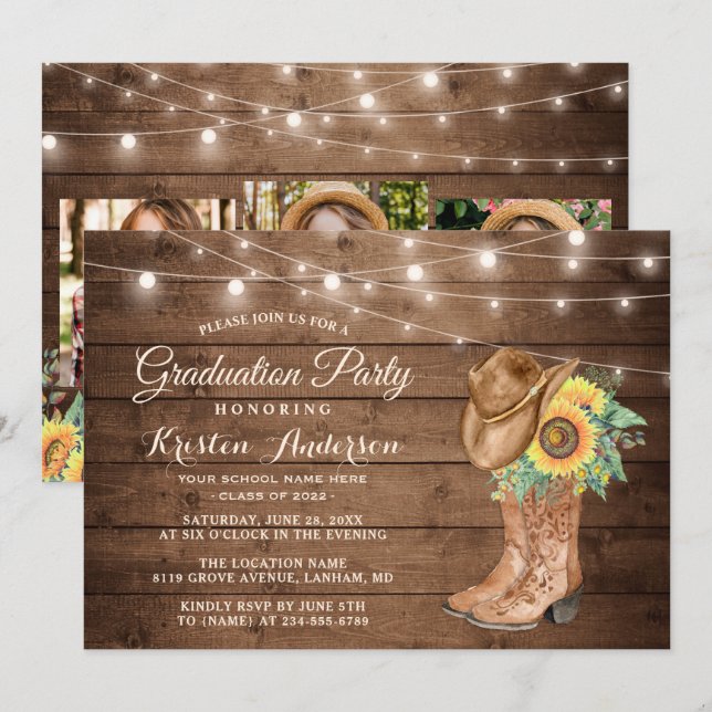 Sonnenblumen Cowgirl Boots 3 Fotos Graduation Part Einladung (Vorne/Hinten)