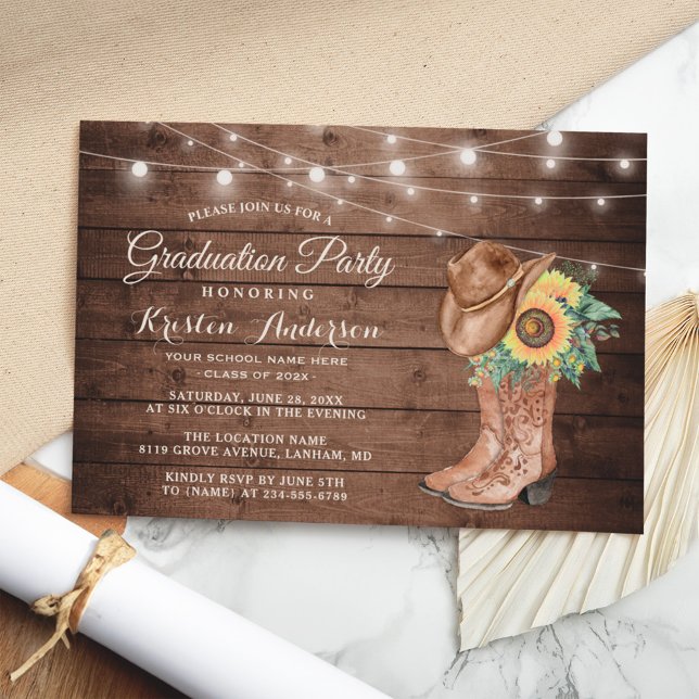 Sonnenblumen Cowgirl Boots Graduation Party Einladung (Von Creator hochgeladen)