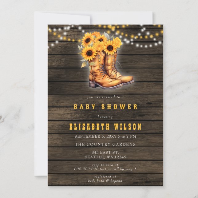 Sonnenblumen Cowgirl Boots Western Babydusche Einladung (Vorderseite)