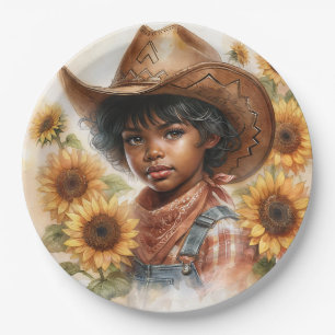 Sonnenblumen-Cowgirl Schwarz Kind Wasserfarbe Pappteller