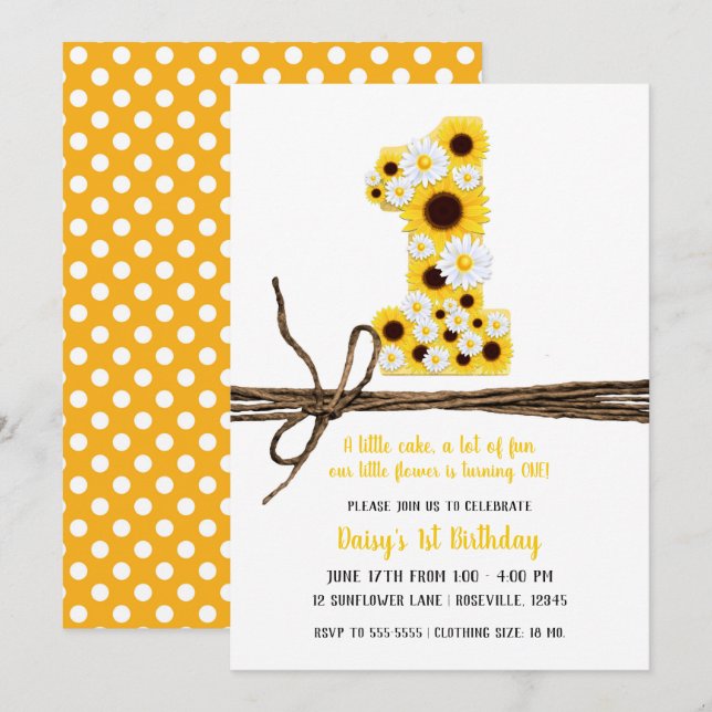 Sonnenblumen & Daisies 1. Geburtstag Party Einladung (Vorne/Hinten)