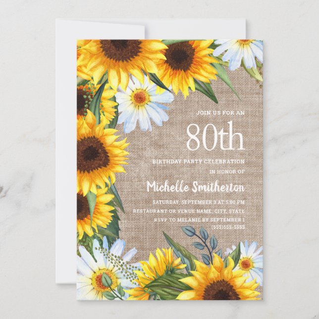 Sonnenblumen Daisies Burlap Country 80. Geburtstag Einladung (Vorderseite)