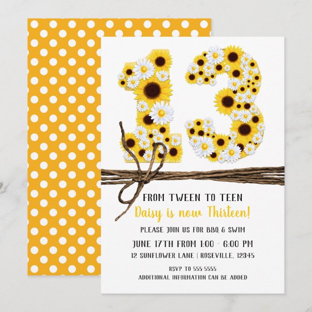 Sonnenblumen & Daisies DRITTZEHN 13 13. Geburtstag Einladung (Vorne/Hinten)