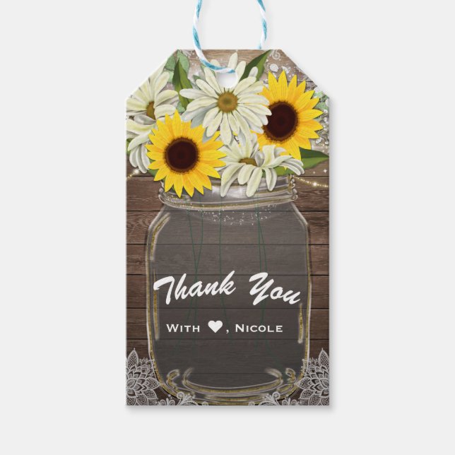 Sonnenblumen & Daisies Mason Jar Sparkle Rustikale Geschenkanhänger (Vorderseite)