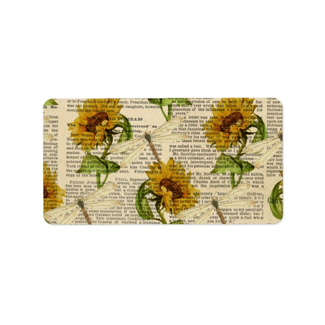 Sonnenblumen Dragonfis Old Newspaper Country Style Adressaufkleber (Vorne)