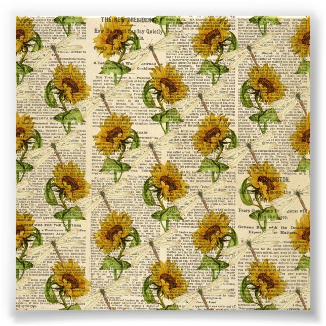 Sonnenblumen Dragonfis Old Newspaper Country Style Fotodruck (Vorne)
