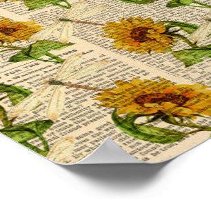Sonnenblumen Dragonfis Old Newspaper Country Style Poster