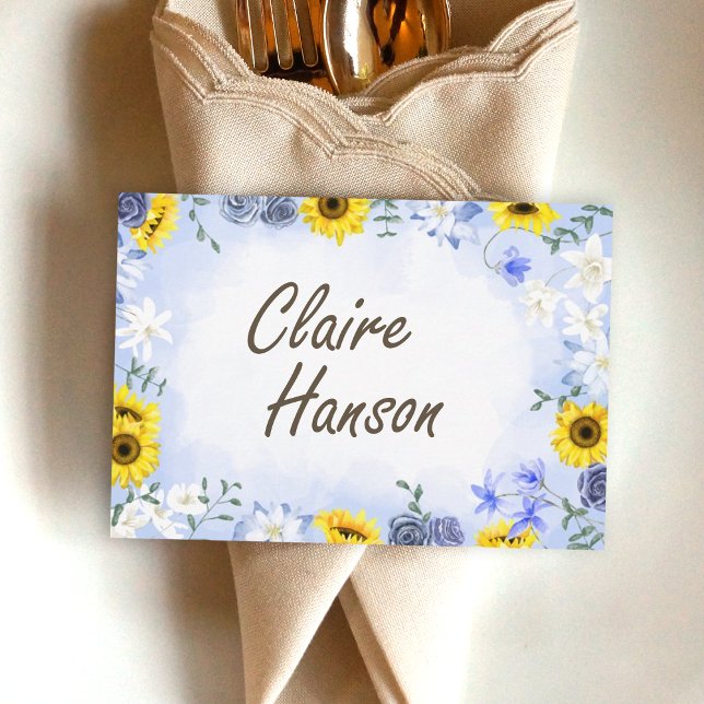 Sonnenblumen, dunkelblaue Rose Name Platzkarte (dusty blue roses and yellow sunflowers wedding place cards, name reserved labels)