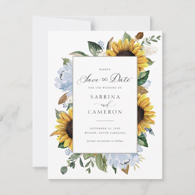 Sonnenblumen Dusty Blue Blumen Elegante Hochzeit Einladung (Vorderseite)