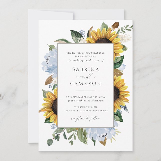 Sonnenblumen Dusty Blue Blumen Elegante Hochzeit Einladung (Vorderseite)