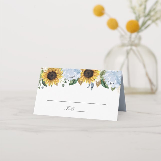 Sonnenblumen Dusty Blue Blumen Elegante Hochzeit Platzkarte (Vorderseite)