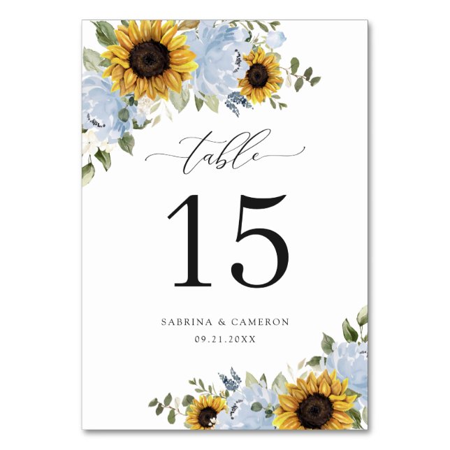 Sonnenblumen Dusty Blue Floral Elegante Tischnumme Tischnummer (Rückseite)