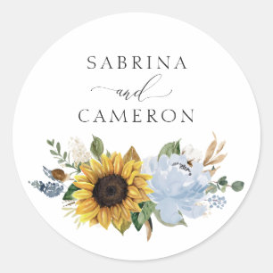 Sonnenblumen Dusty Blue Floral Eleganter Umschlag Runder Aufkleber