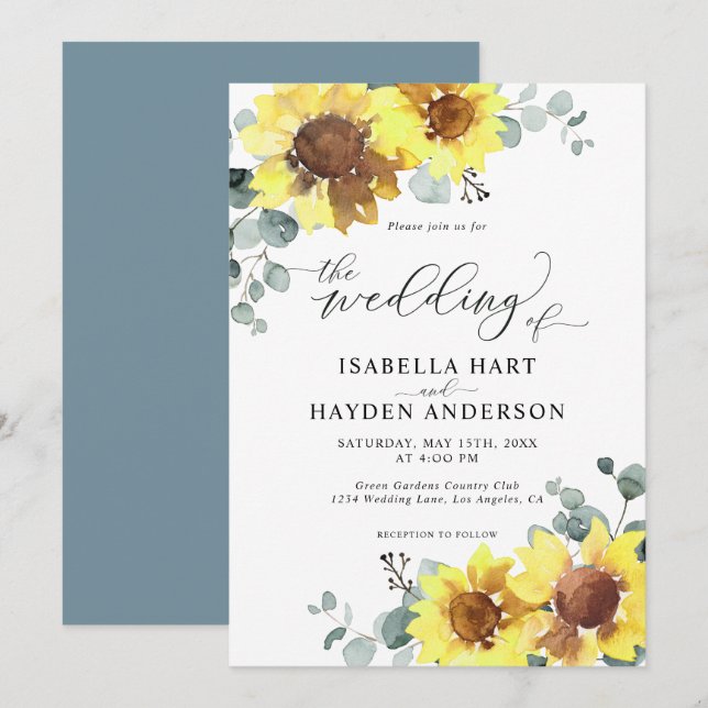 Sonnenblumen Dusty Blue Floral Eukalyptus Wedding Einladung (Vorne/Hinten)