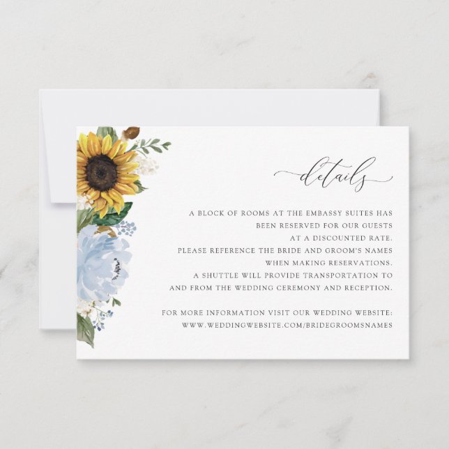 Sonnenblumen Dusty Blue Floral Wedding Details Car Einladung (Vorderseite)
