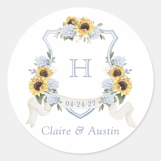 Sonnenblumen Dusty Blue Hydrangea Wappen Umschlag Runder Aufkleber (Vorderseite)