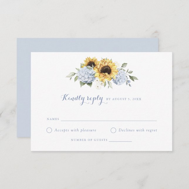 Sonnenblumen Dusty Blue Hydrangea Wedding RSVP Einladung (Vorne/Hinten)