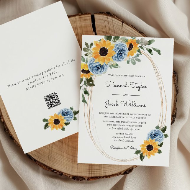 Sonnenblumen Dusty Blue Rustic QR Code Hochzeit Einladung (Von Creator hochgeladen)
