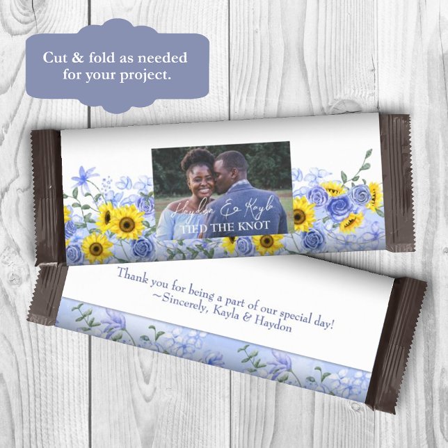 Sonnenblumen, Dusty Blue Wedding Candy Bar Wrapper Flyer (yellow sunflower dusty blue wedding candy bar wrappers, diy personalized chocolate bar labels)