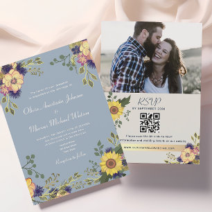 Sonnenblumen Dusty Blue Wedding QR Code Einladung