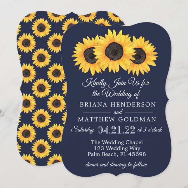 Sonnenblumen Einladungen Hochzeit Country Blue (Vorne/Hinten)