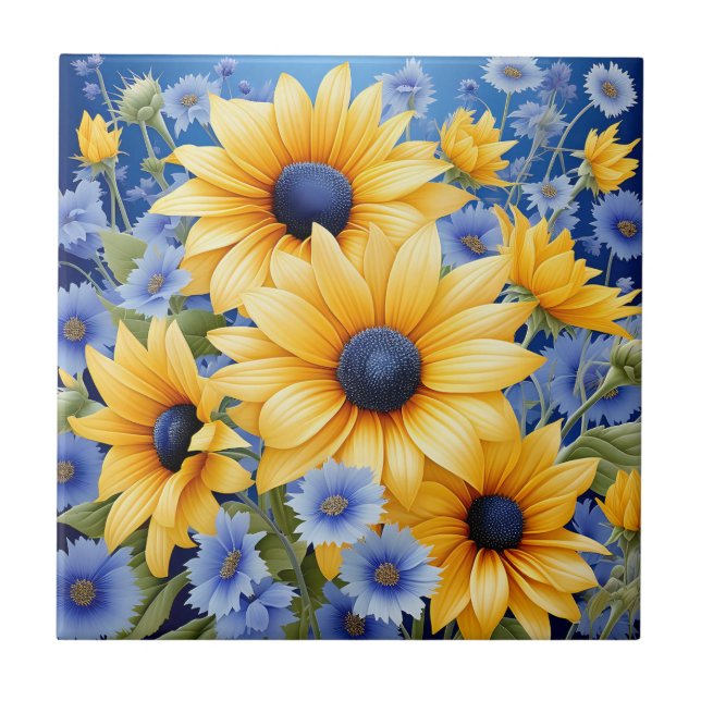 Sonnenblumen Elegant mit weichen blauen Wildblumen Fliese (Vorderseite)