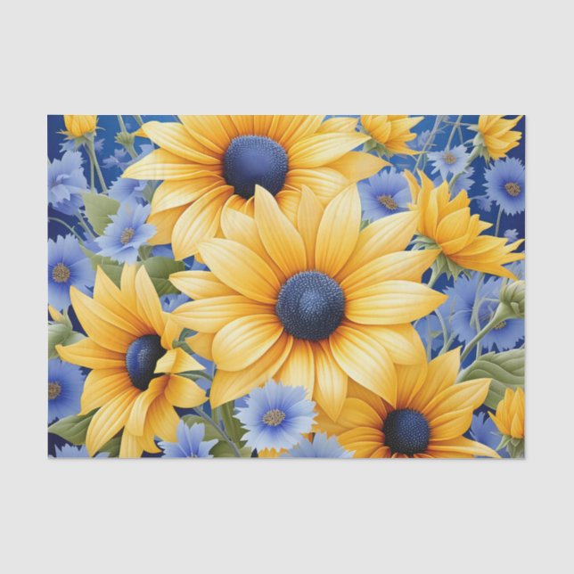 Sonnenblumen Elegant mit weichen blauen Wildblumen Seidenpapier (Vorderseite)