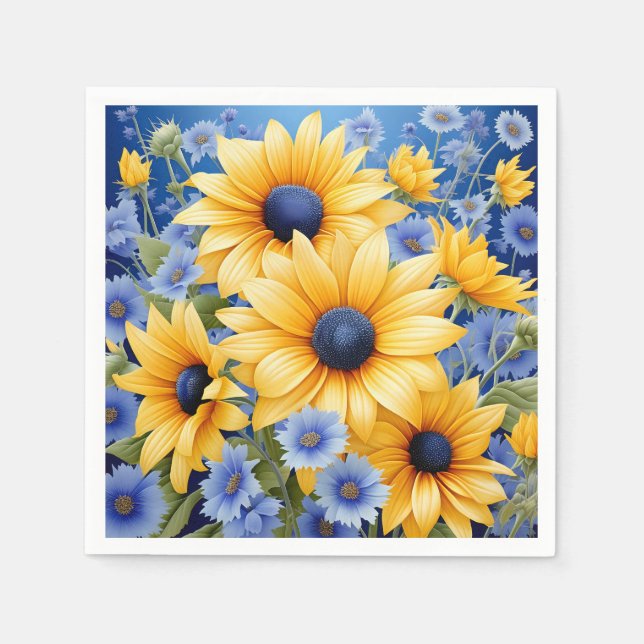 Sonnenblumen Elegant mit weichen blauen Wildblumen Serviette (Vorderseite)