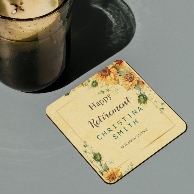 Sonnenblumen Elegantes Party für Wasserfarben Rechteckiger Pappuntersetzer (Sunflower Elegant Watercolor Retirement Party Square Paper Coaster)