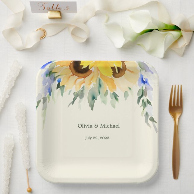 Sonnenblumen Elegantes Wasserfarben Hochzeitspapie Pappteller (Hochzeit)