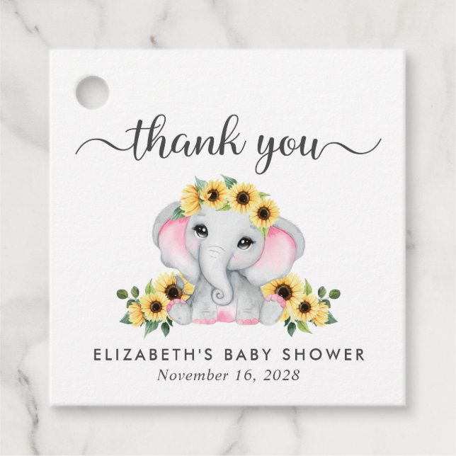 Sonnenblumen Elephant Baby Girl Dusche Danke Geschenkanhänger (Vorderseite)