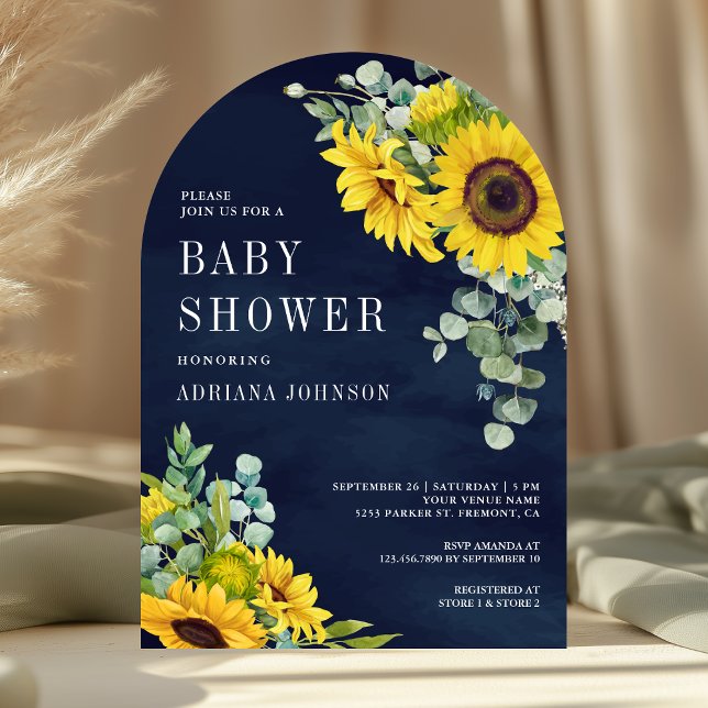 Sonnenblumen Eucalyptus Navy Blue Arch Baby Dusche Einladung (Von Creator hochgeladen)