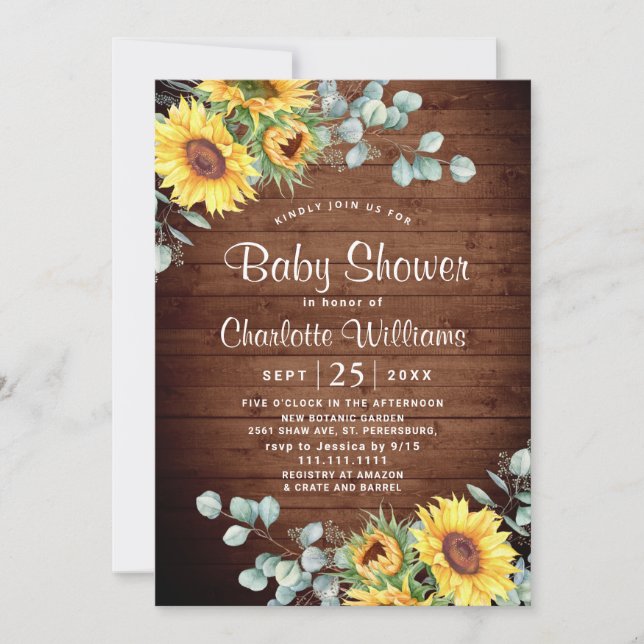 Sonnenblumen Eucalyptus Watercolor Babydusche Einladung (Vorderseite)