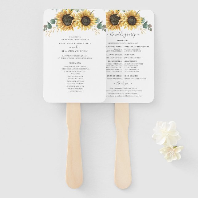 Sonnenblumen-Eukalyptus-Blätter Hochzeitsprogramm  Fächer (Vorne und Hinten)