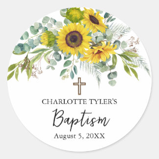 Sonnenblumen & Eukalyptus Boho Kreuz Taufzeremonie Runder Aufkleber