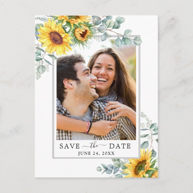 Sonnenblumen Eukalyptus-FOTO Hochzeit Speichern Si Postkarte (Vorderseite)