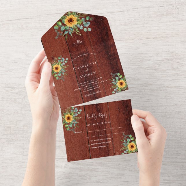 Sonnenblumen Eukalyptus Grüne Braun Holz Hochzeit All In One Einladung (Abreißen)