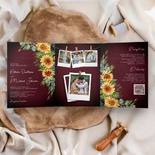 Sonnenblumen Eukalyptus QR Code Burgundy Wedding Dreifach Gefaltete Einladung
