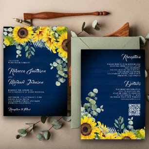 Sonnenblumen Eukalyptus QR-Code Navyblaue Hochzeit Einladung