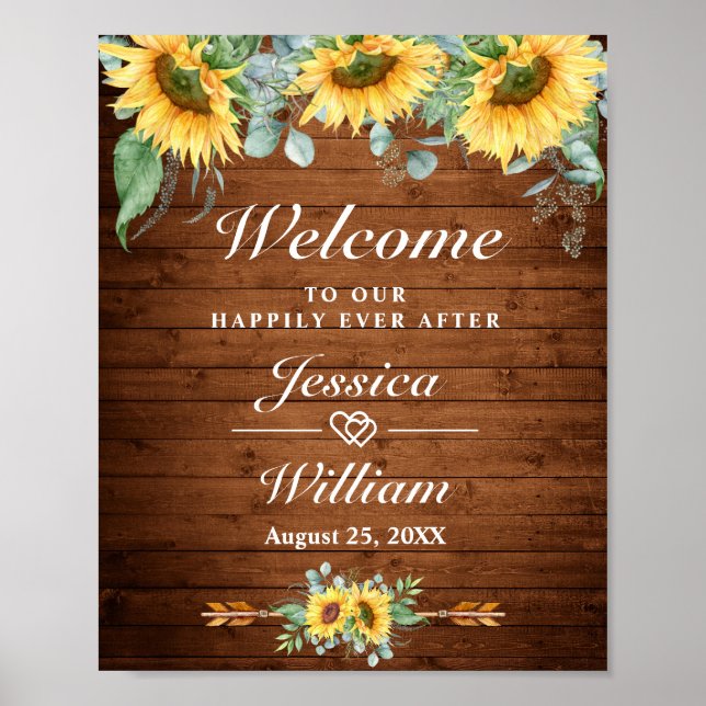 Sonnenblumen Eukalyptus Rustikales Hochzeits-Willk Poster (Vorne)