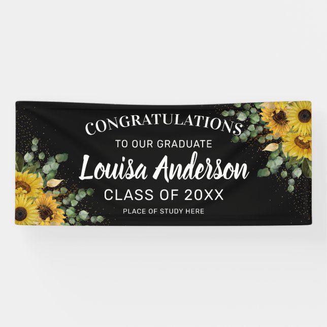 Sonnenblumen, Eukalyptus und Goldfetti-Abschluss Banner (Horizontal)