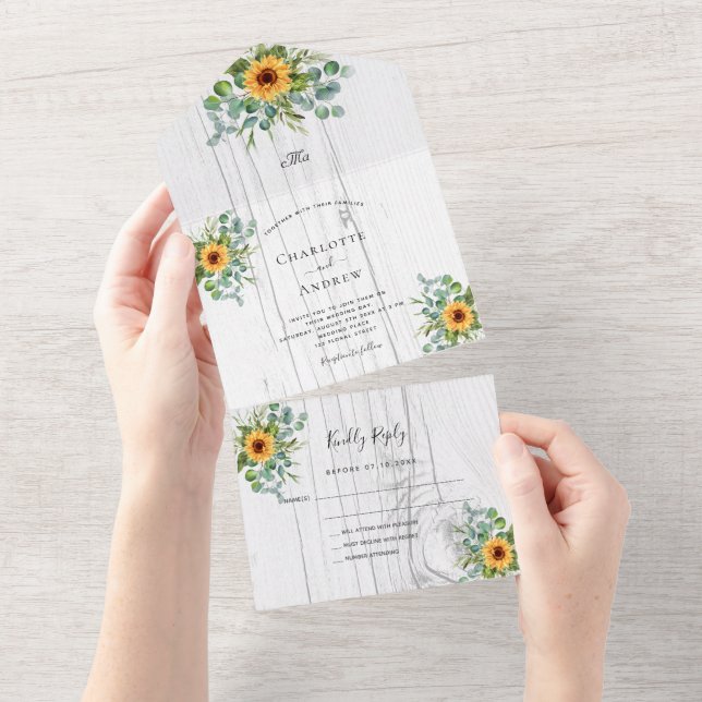 Sonnenblumen Eukalyptusgrün Weißholz Hochzeit All In One Einladung (Abreißen)