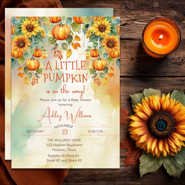 Sonnenblumen fallen ein wenig Pumpkindusche Einladung ("A Little Pumpkin Is On The Way!" Fall | Autumn Sunflowers and Pumpkins Baby Shower Invitation )